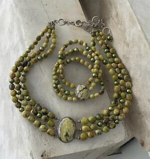 Green Jasper Sterling Silver Multi-Strand Necklace Bracelet Set (17-20 Inch)